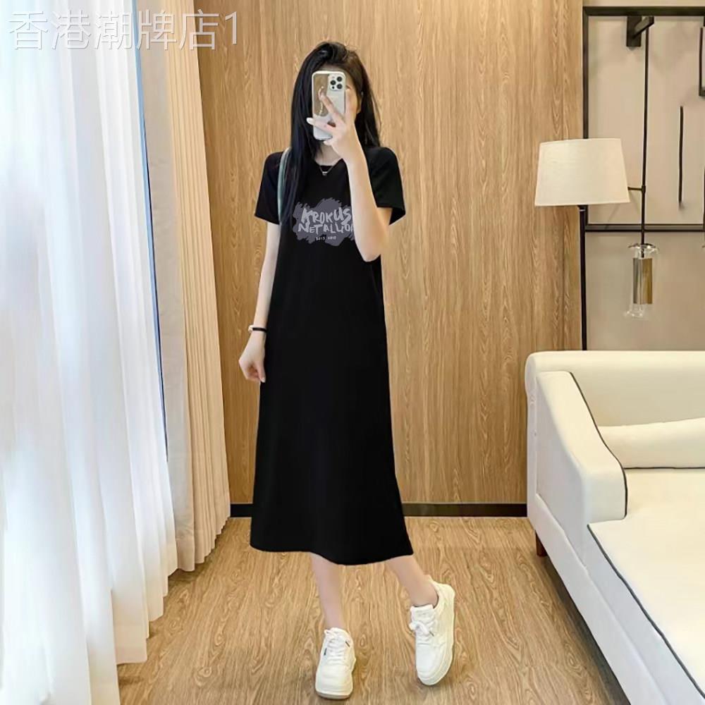 黑色短袖T恤裙女2026夏季新款宽松大尺码中长版洋装显瘦圆领上衣