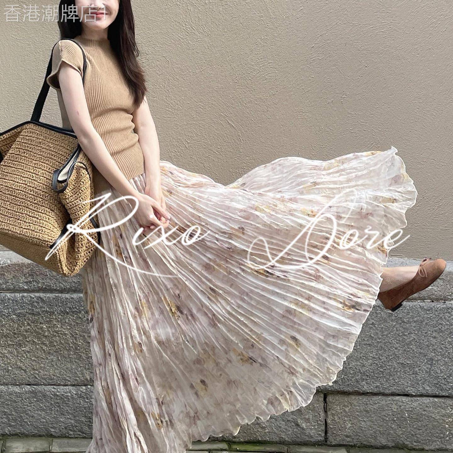 RIXO DORE法式轻熟优雅印花百褶半身裙女高腰A字长裙通勤减龄裙子