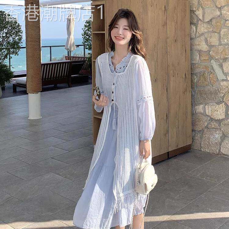 孕妇蓝色洋装法式套装2025春季新款超好看减龄镂空罩衫两件套女
