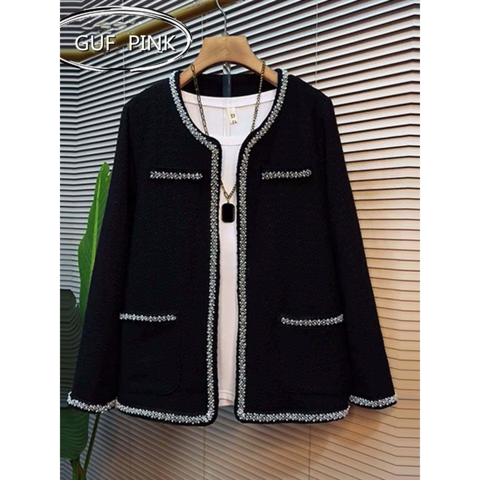 香港大码小香风气质黑色钉珠西装外套女装胖mm显瘦时尚上衣春秋款