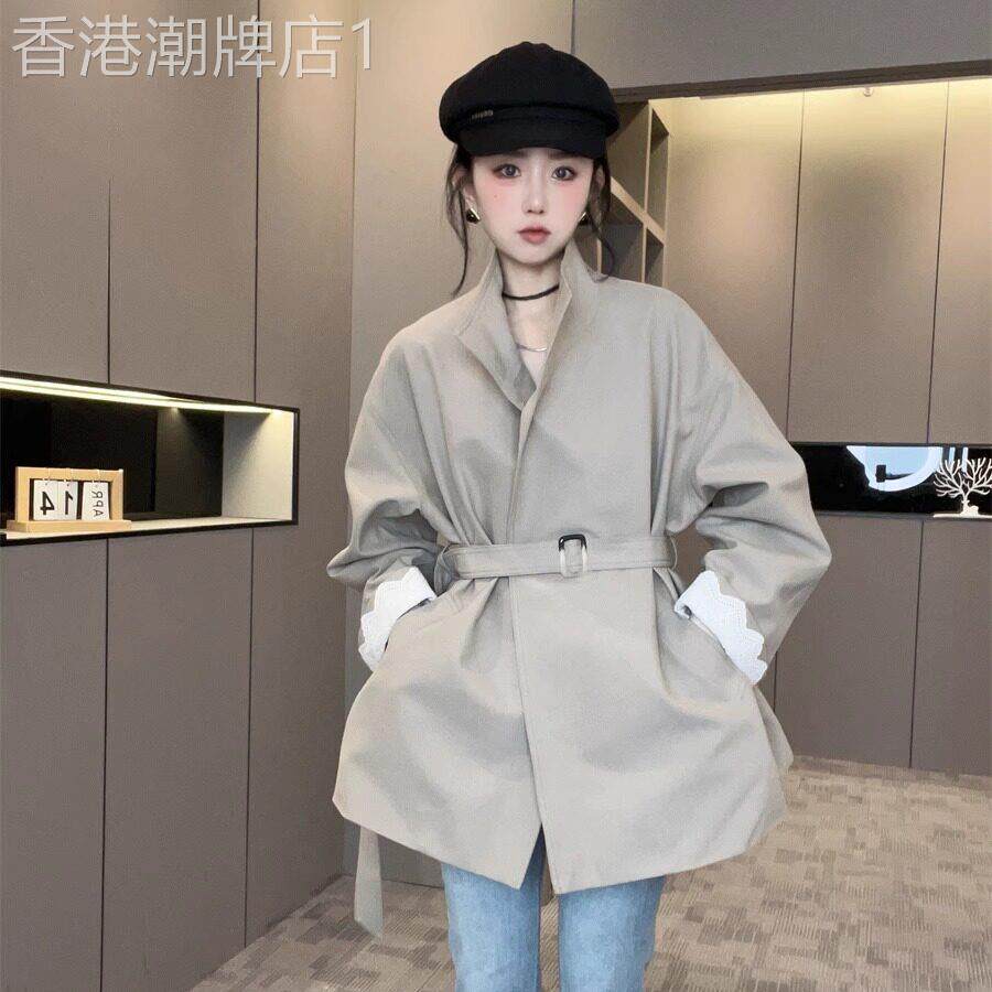 韩版长袖风衣外套女款2025秋季新款腰带收腰蕾丝袖口上衣欧洲站潮