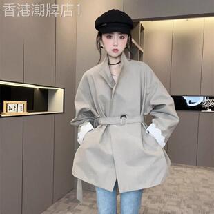 韩版长袖风衣外套女款2025秋季新款腰带收腰蕾丝袖口上衣欧洲站潮