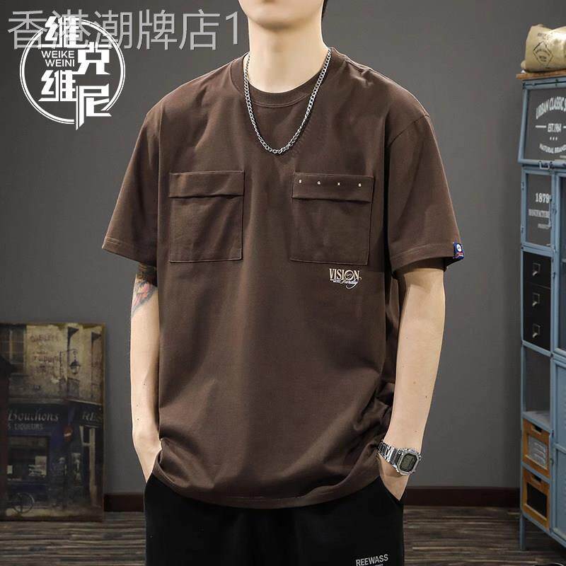 印花短袖T恤男夏季薄款潮牌痞帅休闲宽松圆领纯棉双口袋工装上衣