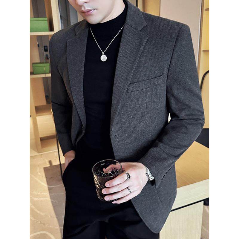 高端轻奢毛呢西服外套男秋冬韩版修身休闲高级感加厚条纹呢子西装