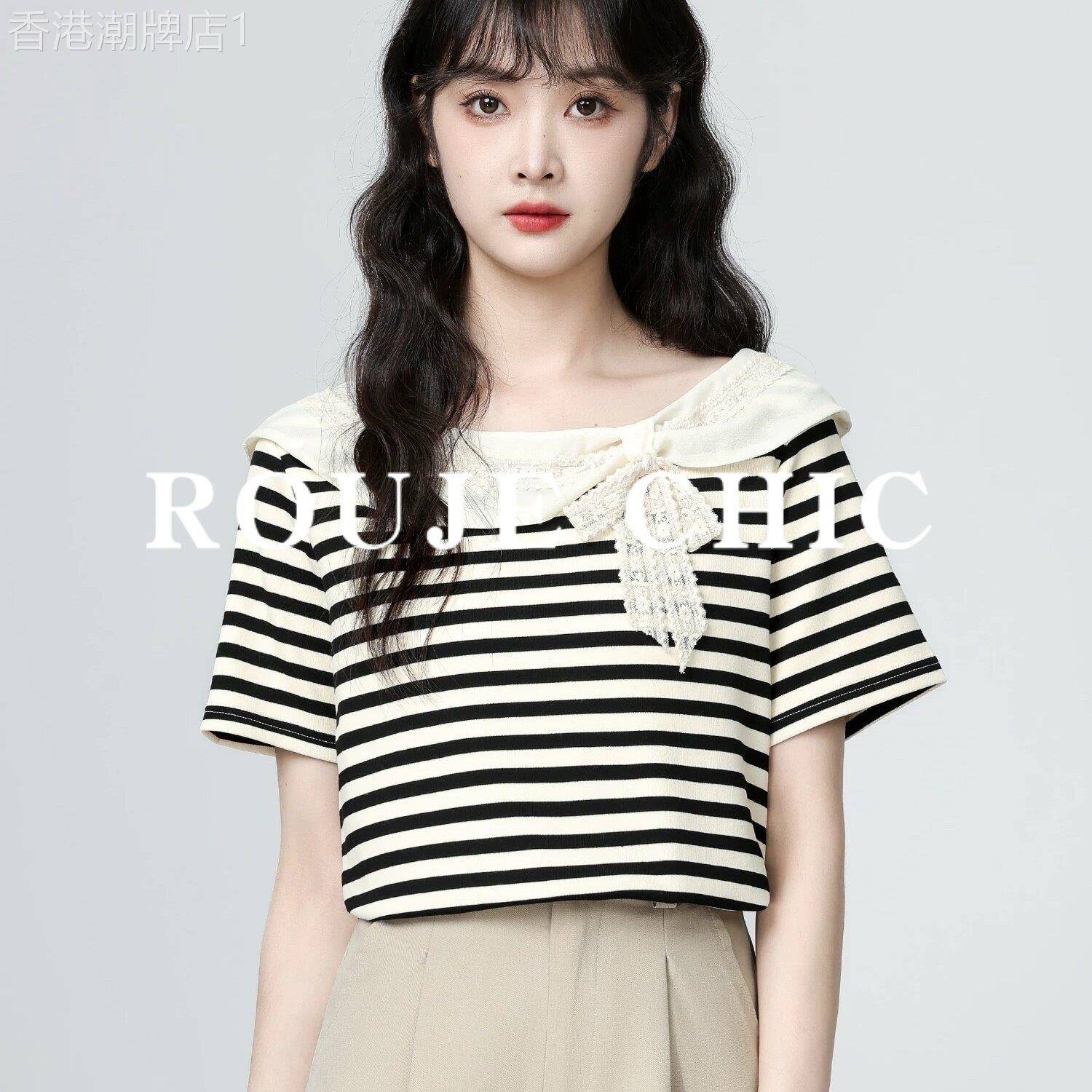 法国rouje chic海军领蕾丝蝴蝶结短袖T恤女夏季黑白条纹撞色上衣