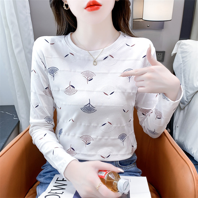 纯棉印花长袖打底衫女修身上衣图片