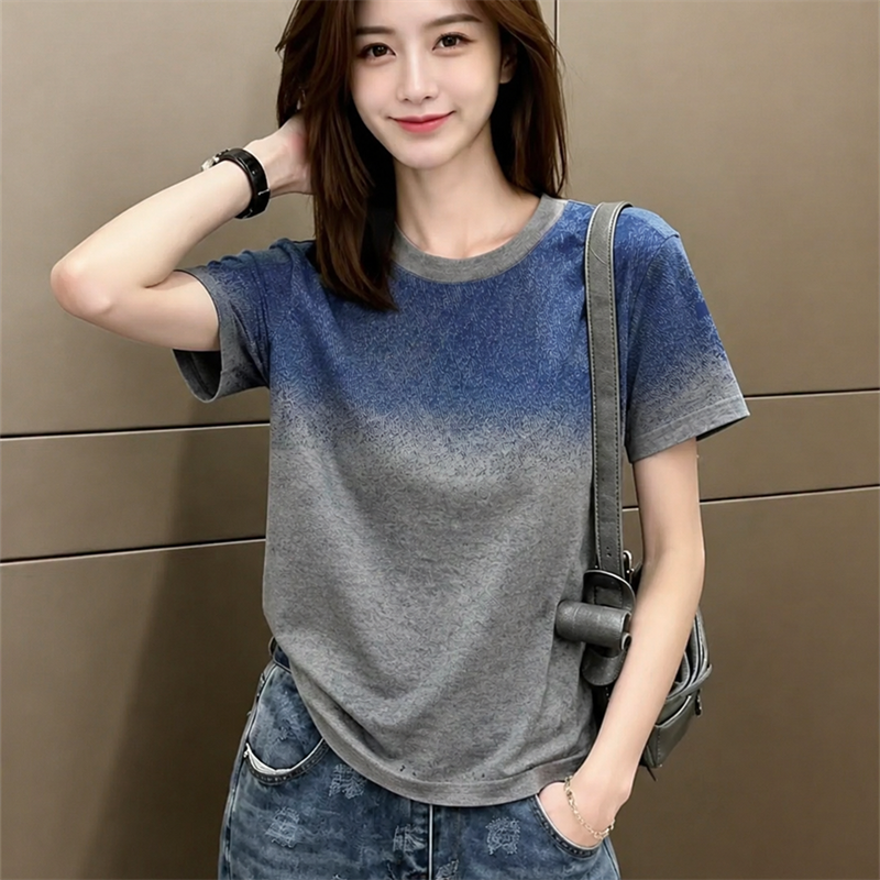撞色印花纯棉短袖T恤女宽松上衣