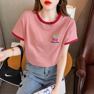 新款 韩版 T恤女2023夏季 纯棉撞色短袖 宽松樱桃印花设计感小众上衣