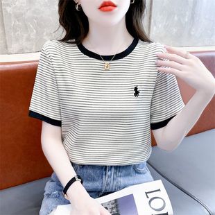 设计修身 时尚 新款 小马刺绣纯棉条纹短袖 显瘦上衣 T恤女夏季