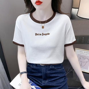新款 韩版 T恤女2023夏季 纯棉撞色短袖 百搭圆领洋气刺绣上衣潮