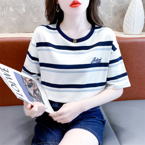 纯棉条纹短袖t恤女宽松圆领上衣