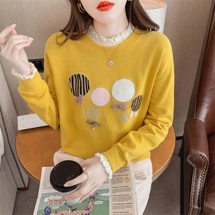 上衣服 宽松休闲洋气烫钻长袖 时尚 蕾丝拼接假两件卫衣女秋冬新款