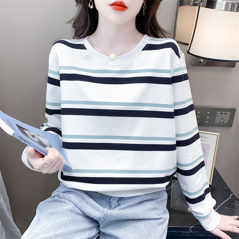 条纹长袖圆领卫衣女秋装春秋季新款套头上衣宽松时尚百搭T恤小衫