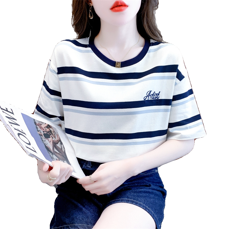 纯棉时尚条纹短袖t恤女夏季新款宽松休闲刺绣百搭圆领体恤上衣