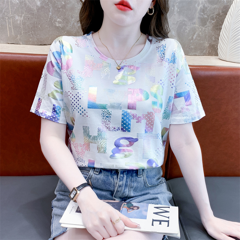 烫金印花纯棉短袖T恤女宽松上衣