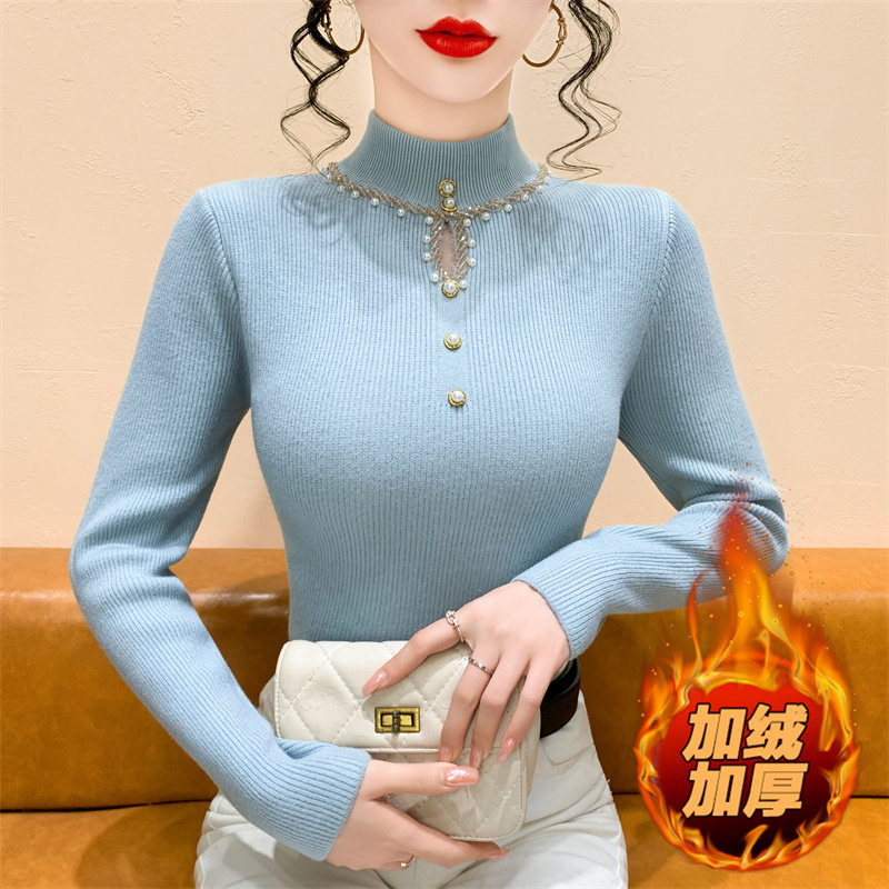 重工钉珠一体绒针织毛衣打底衫女秋冬新款宽松加绒加厚高领上衣服