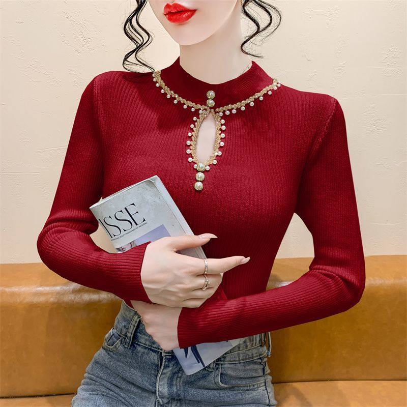 重工钉珠镂空毛衣针织打底衫女秋冬新款修身半高领加厚时尚上衣