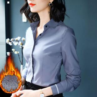 灰色职业衬衫女2025秋冬新款加绒保暖长袖工作服正装气质打底衬衣