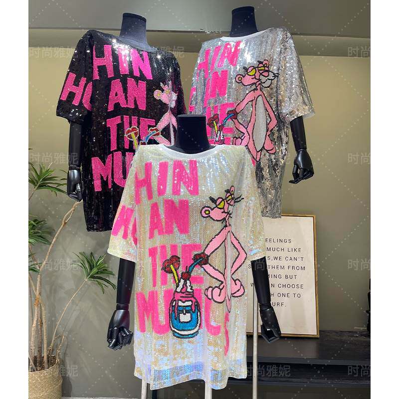时尚雅妮新款潮流女短袖卡通舞台服网红亮片中长款宽松大版T恤裙
