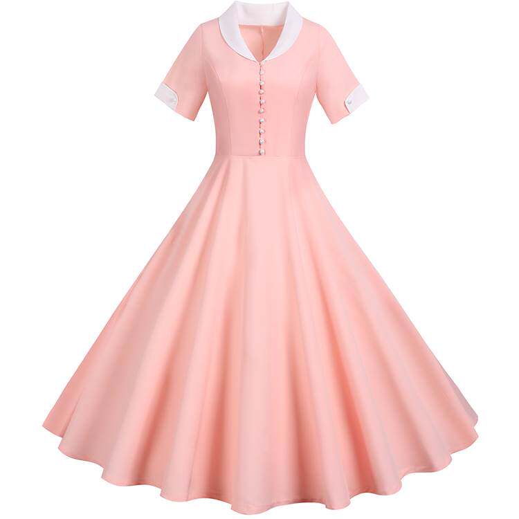 夏季新品纯色拼白色短袖西服领排扣中长款大摆连衣裙礼服裙5色5码