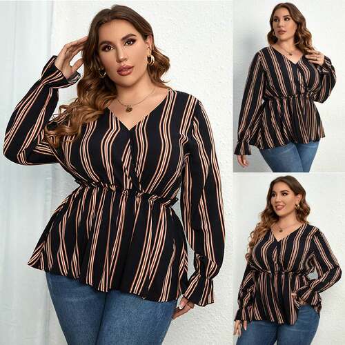 Autumn Plus size Women Striped Shirts V neck Tops 大码女装
