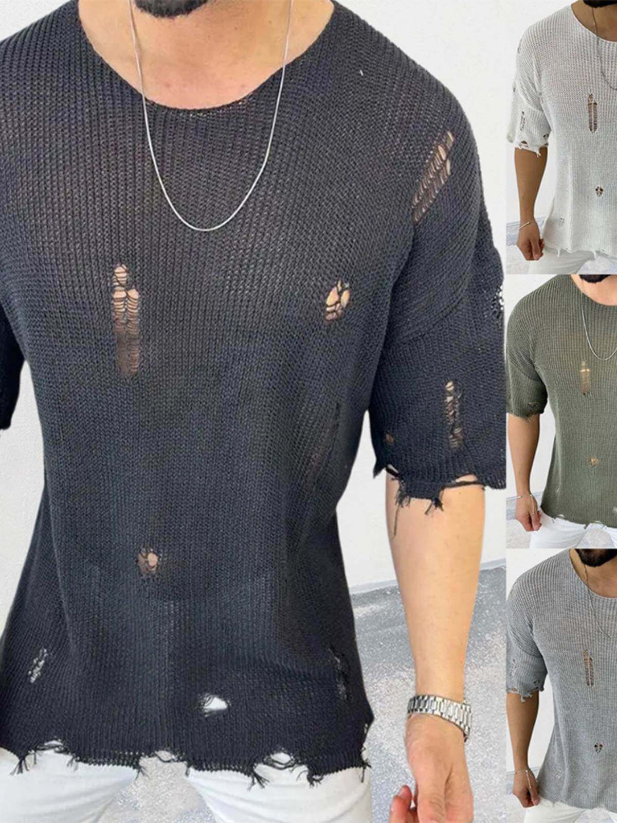 2023夏季新款男士圆领镂空套头T恤大码破洞短袖针织衫Men T-Shirt
