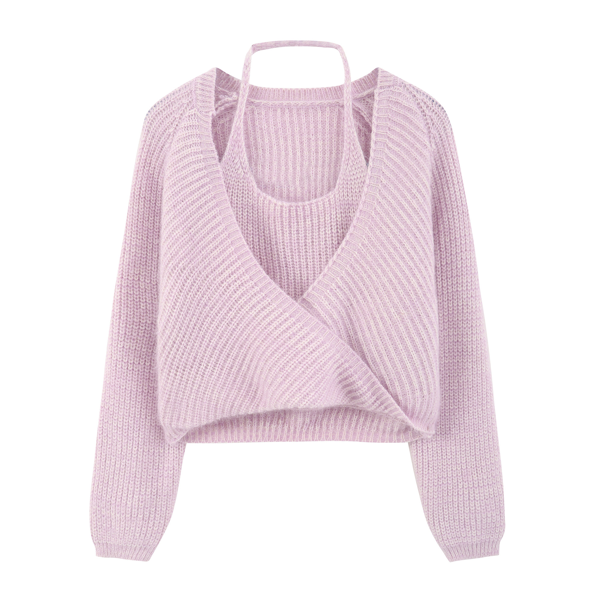 여성용 카운터 여성용 V 넥 탑 2024 봄 가을 프랑스 순수한 정욕 매력 홀터넥 가짜 투피스 짧은 스웨터