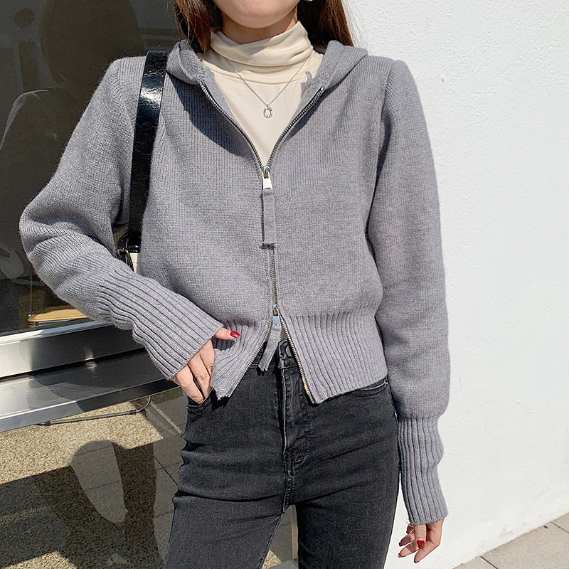 여성용 카운터 미색 후드 스웨터 스웨터 카디건 봄 가을 봄 새로운 디자인 슬림 피트 탑 자켓