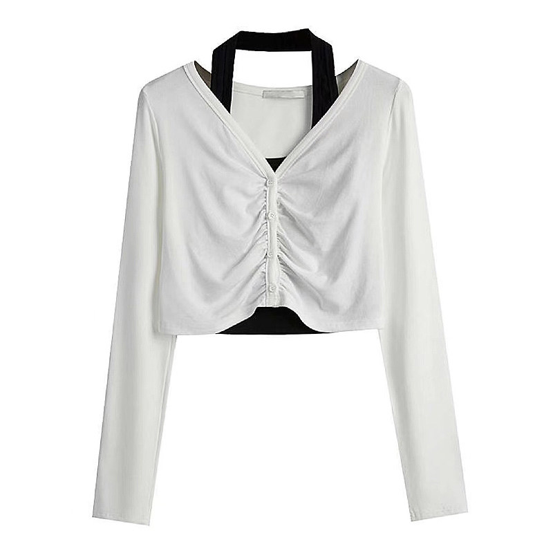 2024 신작 카운터 여성 캐주얼 투피스 티셔츠 여성 쇼트 스타일 이너웨어 봄 가을 틈새 슬림 긴팔 탑