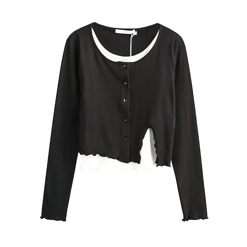 2024 신작 카운터 긴팔 티셔츠 여성 정장 이른 봄 디자인 틈새 얇은 짧은 탑 서스펜더 가짜 두 조각