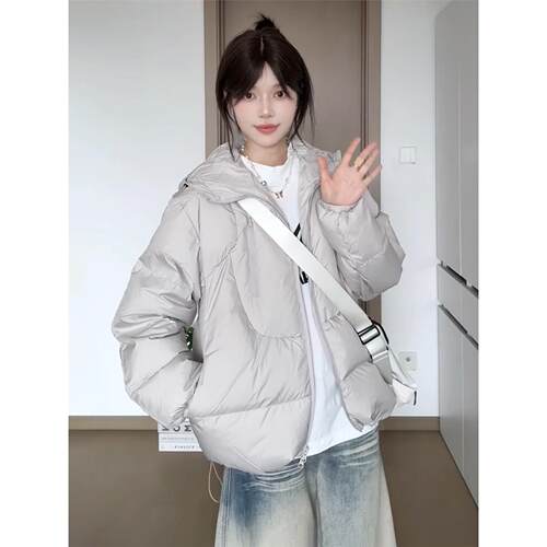 灰色连帽棉服女冬季2025新款宽松短款拉炼国潮牌保暖加厚棉衣外套