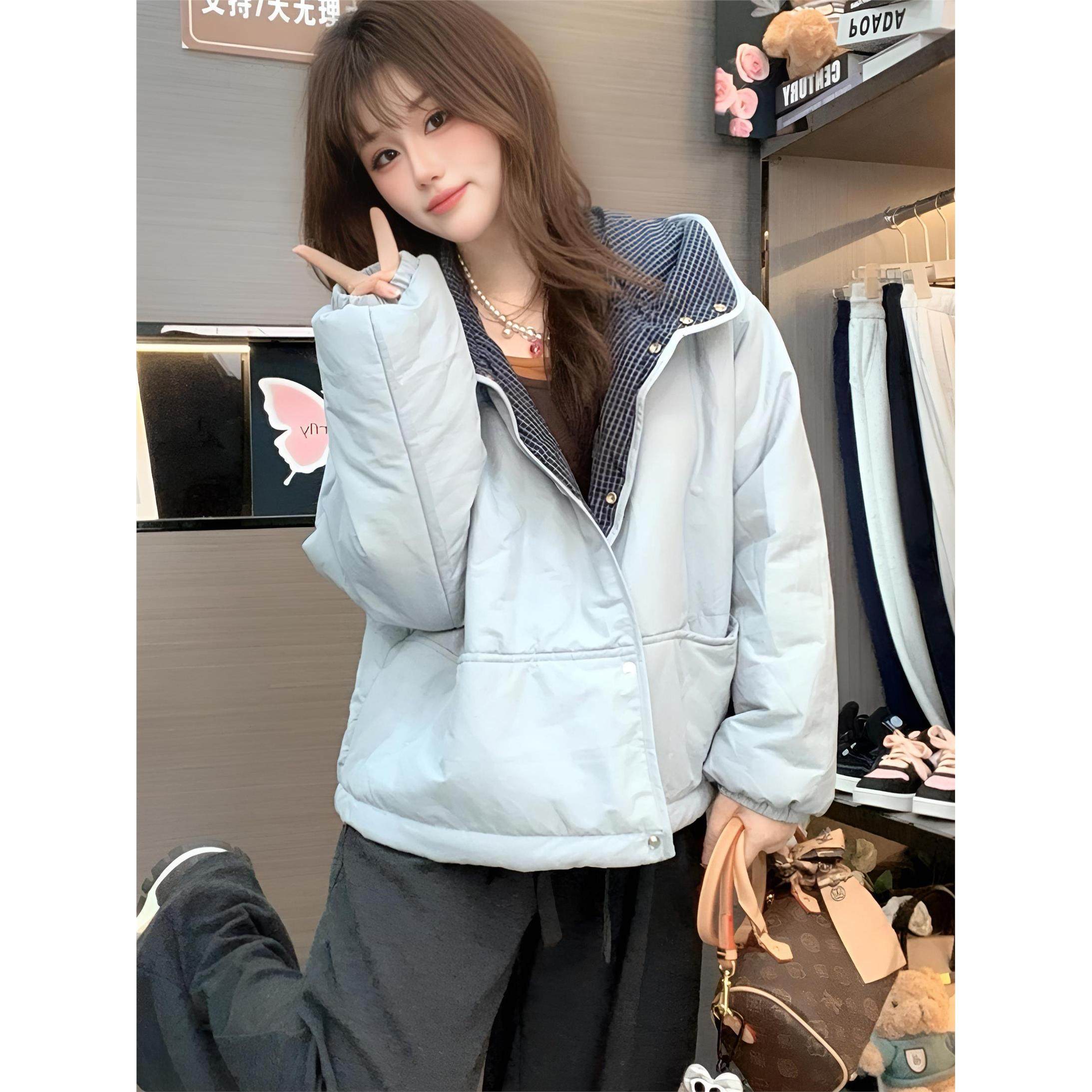 2025秋冬季新款时尚连帽夹棉撞色棉服外套女小个子宽松百搭棉衣