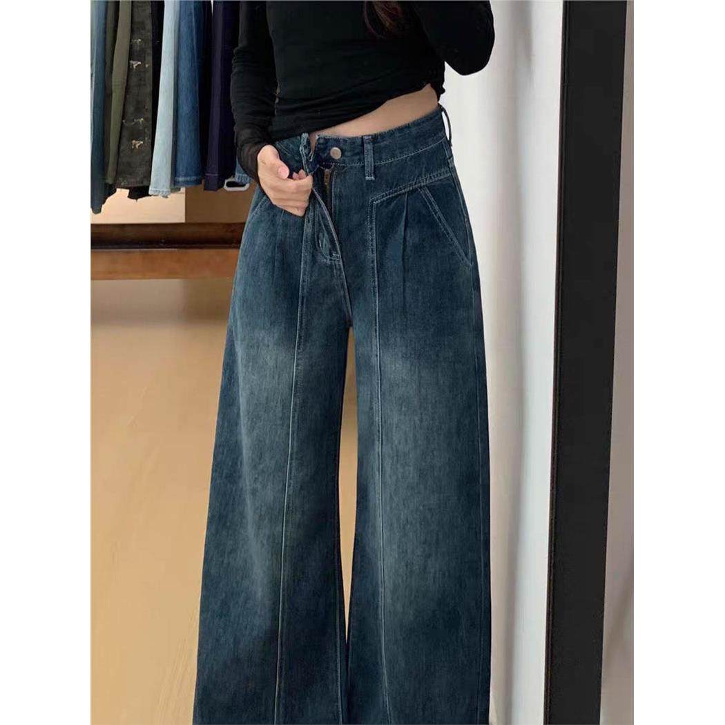 大码覆古美式加绒牛仔裤女秋冬胖mm梨形身材高腰显瘦直筒阔腿裤子