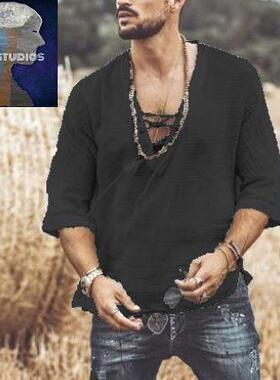 MeN SHirtS 男宽松大V领抽绳衬衫七分袖2023新款欧美休闲男装上衣