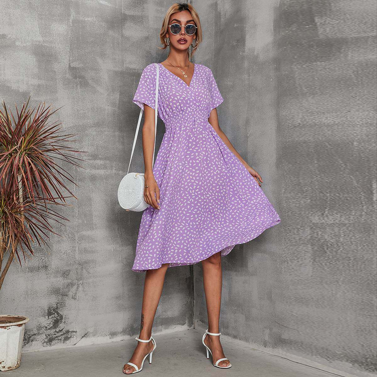 裙子夏季甜美欧美风V领紫色点点印花收腰短袖中长款连衣裙DRESS