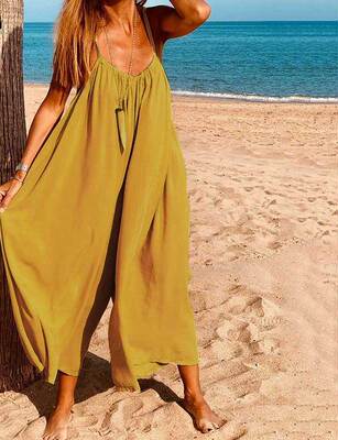 大码女装时尚黑色吊带宽松休闲阔腿连体裤沙滩连衣裤Jumpsuit