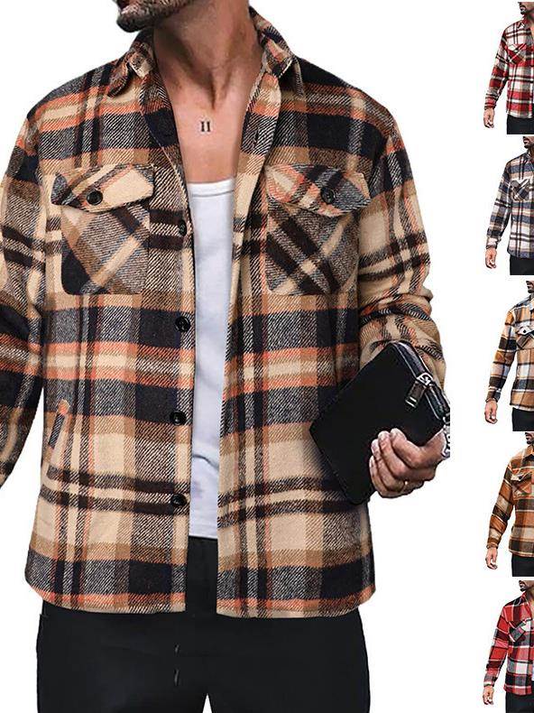 2023秋季欧美男士大码格子衬衫休闲宽松长袖夹克外套Men jackets