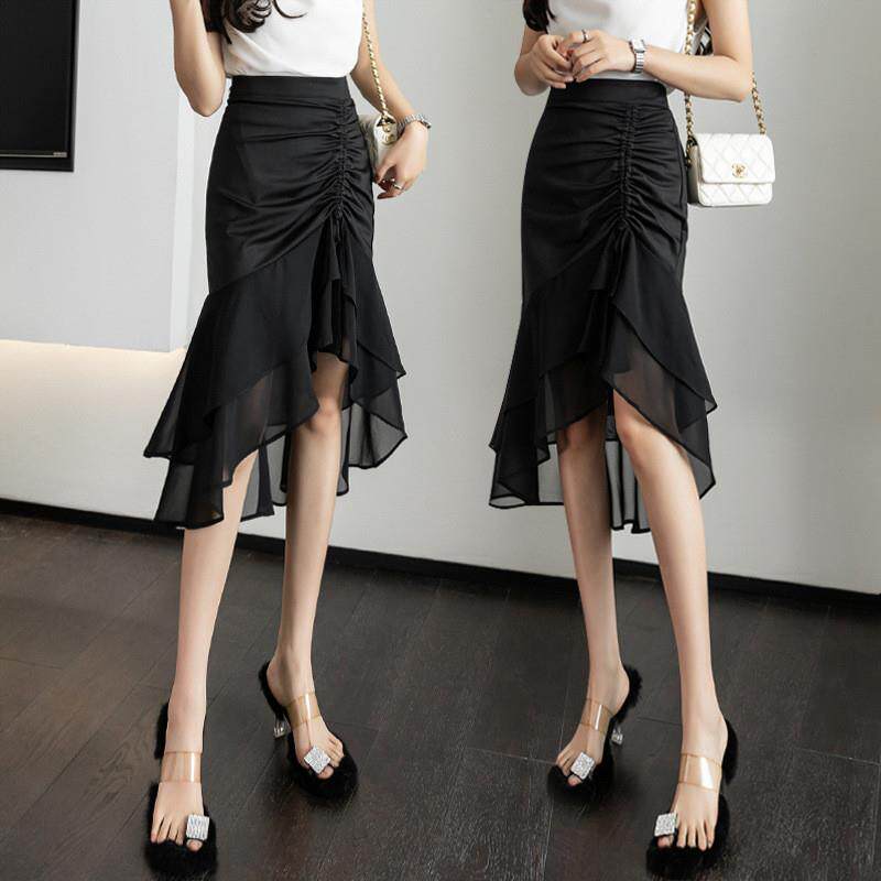 不规则半身裙女春夏2026年新款中长款高腰气质黑色抽绳鱼尾包臀裙