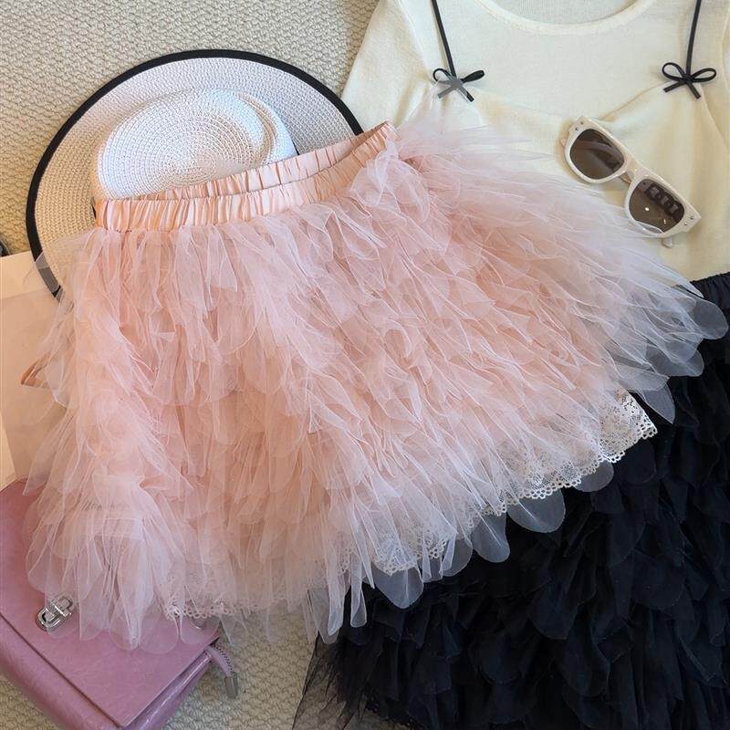 2026春夏新款多层褶皱蓬蓬网纱蛋糕半身裙女高腰显瘦A字包臀短裙