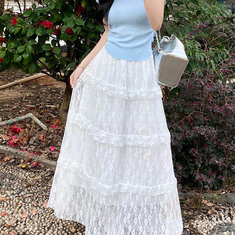 白色蕾丝半身裙女夏季2026新款高腰a字网纱长裙小个子夏天蛋糕裙