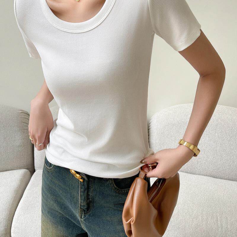 抖音爆款短袖T恤女2026春夏新款纯色基础款U领修身百搭螺纹棉上衣
