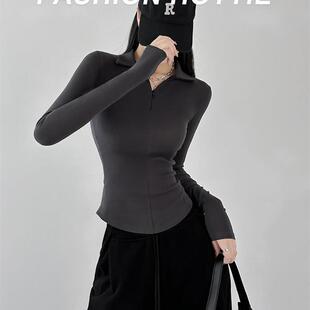 长袖t恤女2026秋冬季修身打底内搭显瘦辣妹polo领加绒秋冬打底衫