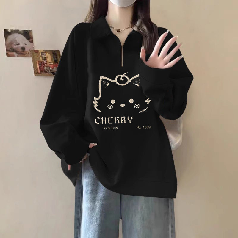 300斤加大码百搭显瘦高街polo领上衣女秋冬加绒保暖印花翻领卫衣