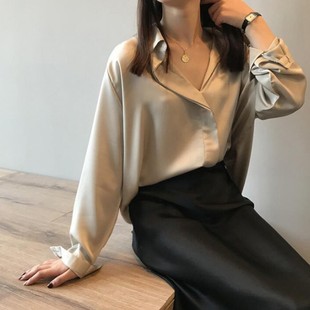 Sleeve Neck 长袖 Business 女Long Satin Shirt v领缎面商务开衫