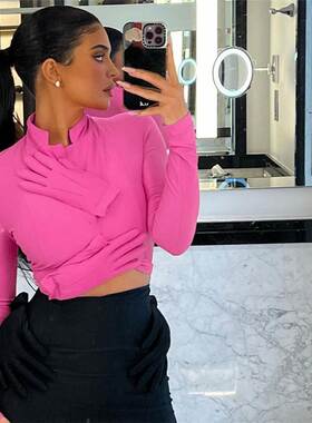 Printed turtleneck, long sleeves cropped top高领长袖短款上衣