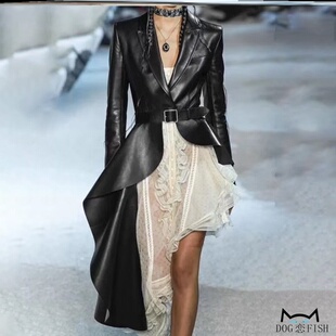 欧美气质走秀款燕尾服时尚个性束腰显瘦PU皮外套风衣女 wind coat