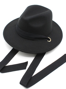 时尚博主同款防风系带黑毛呢礼帽女秋天英伦风巴拿马帽Fedora Hat