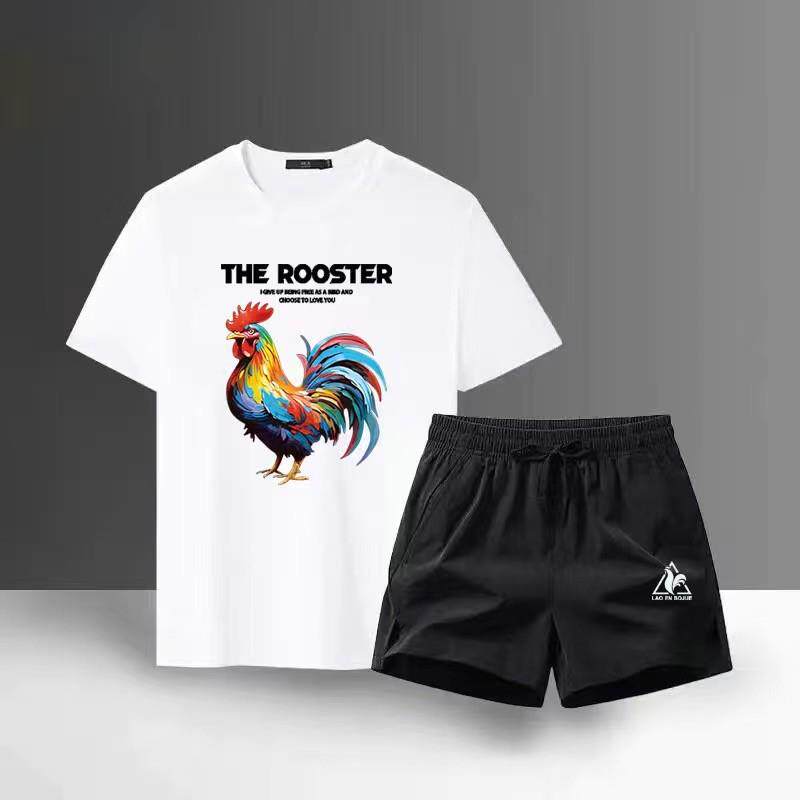 法国公鸡夏季新款休闲运动套装男大码短袖冰丝t恤短裤潮流两件套