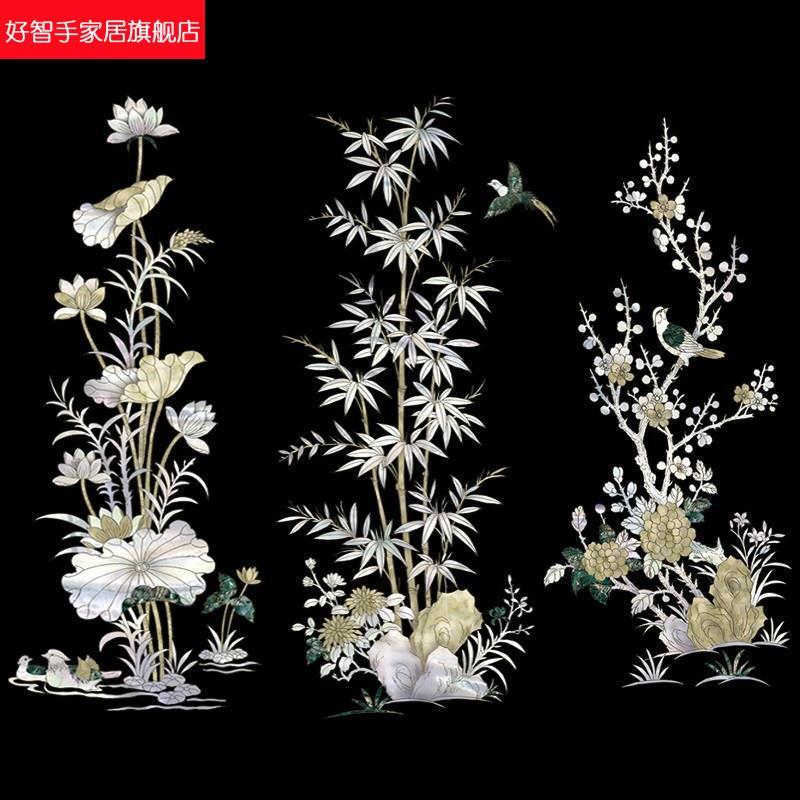 中国风墙贴画荷花螺钿水移画贴纸复古家具转印柜子遮丑美化装饰画图片