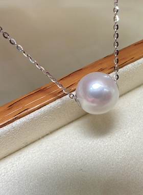 简约日系路路通～9-10mm天然淡水珍珠正圆强光18k贴片925银项链